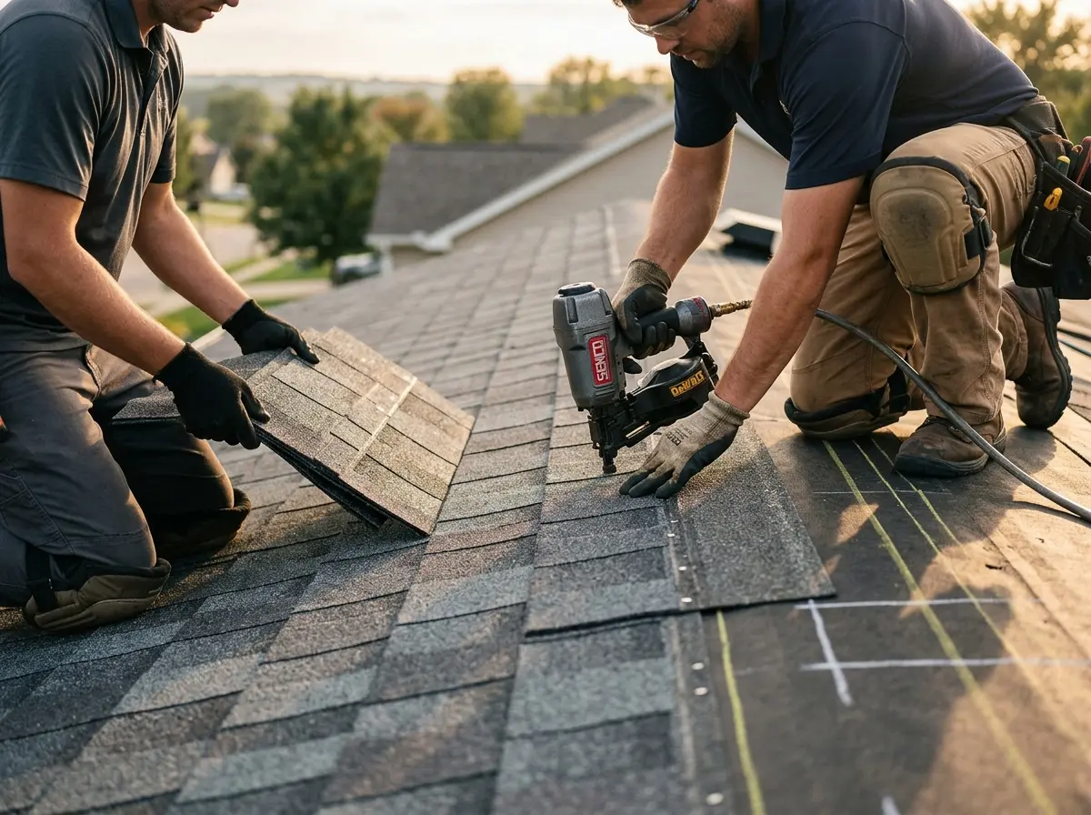 Professional roofer working on a residential roof in Chesapeake Ranch Estates